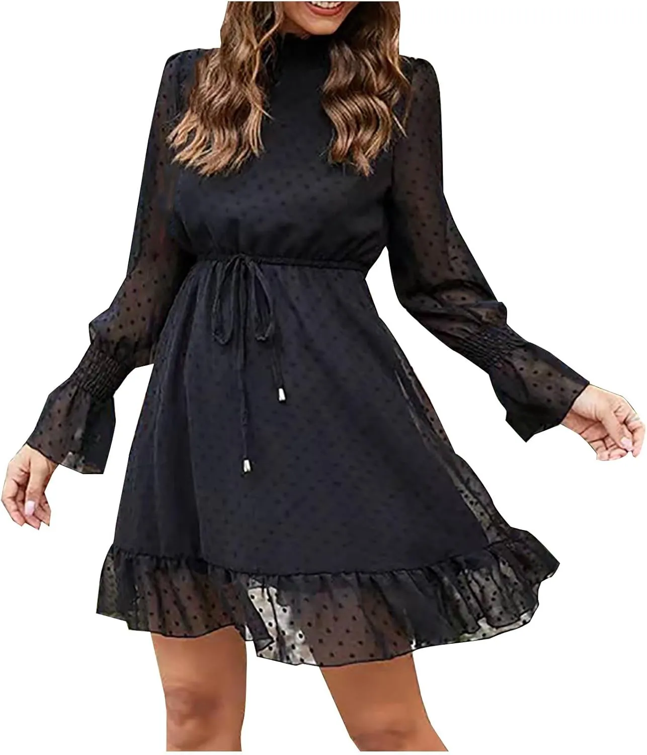 Womens Mesh Bell Sleeve Dresses Semi Formal High Neck Dress High Waist A Line Ruffle Hem Flowy Casual Party Mini Dress