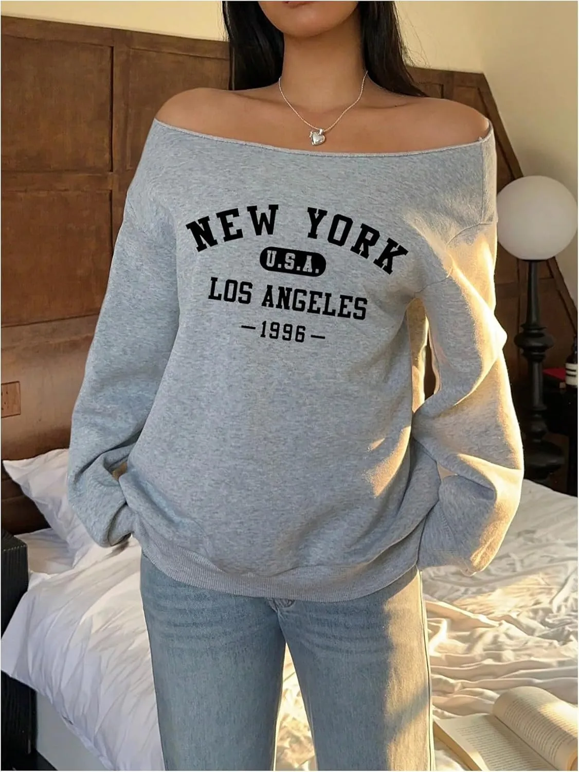 Women's Off The Shoulder Graphic Sweatshirts Letter Print Long Sleeve Pullover Tops