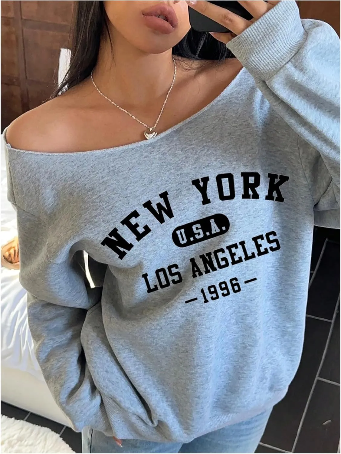 Women's Off The Shoulder Graphic Sweatshirts Letter Print Long Sleeve Pullover Tops