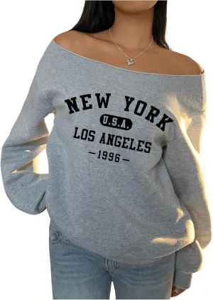 Women's Off The Shoulder Graphic Sweatshirts Letter Print Long Sleeve Pullover Tops