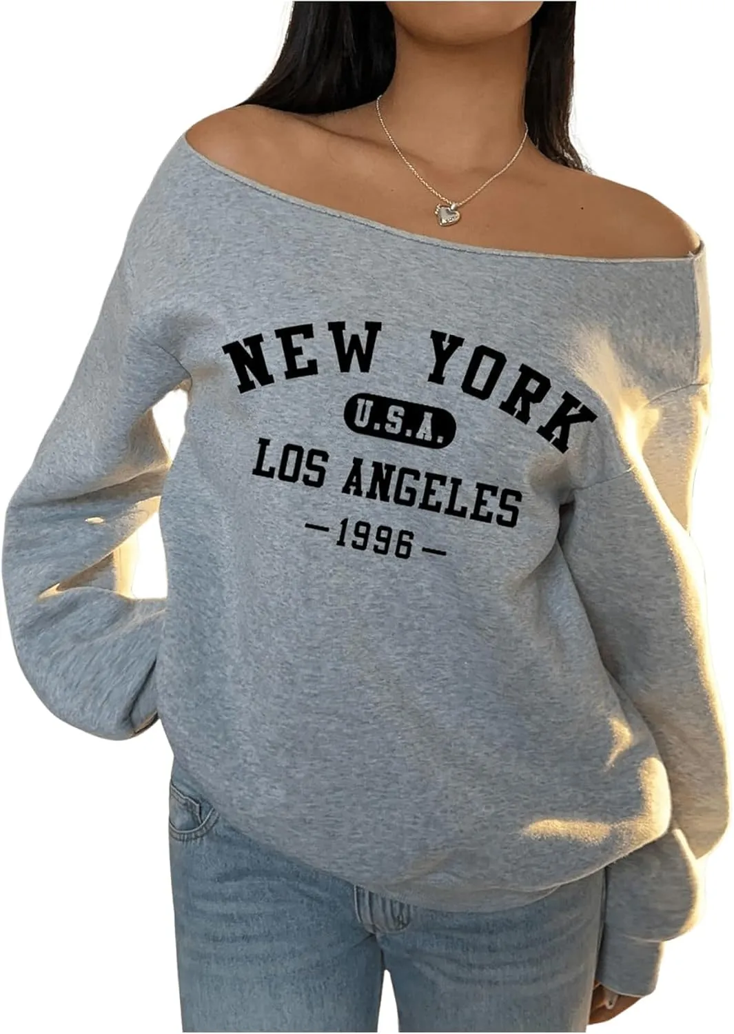Women's Off The Shoulder Graphic Sweatshirts Letter Print Long Sleeve Pullover Tops