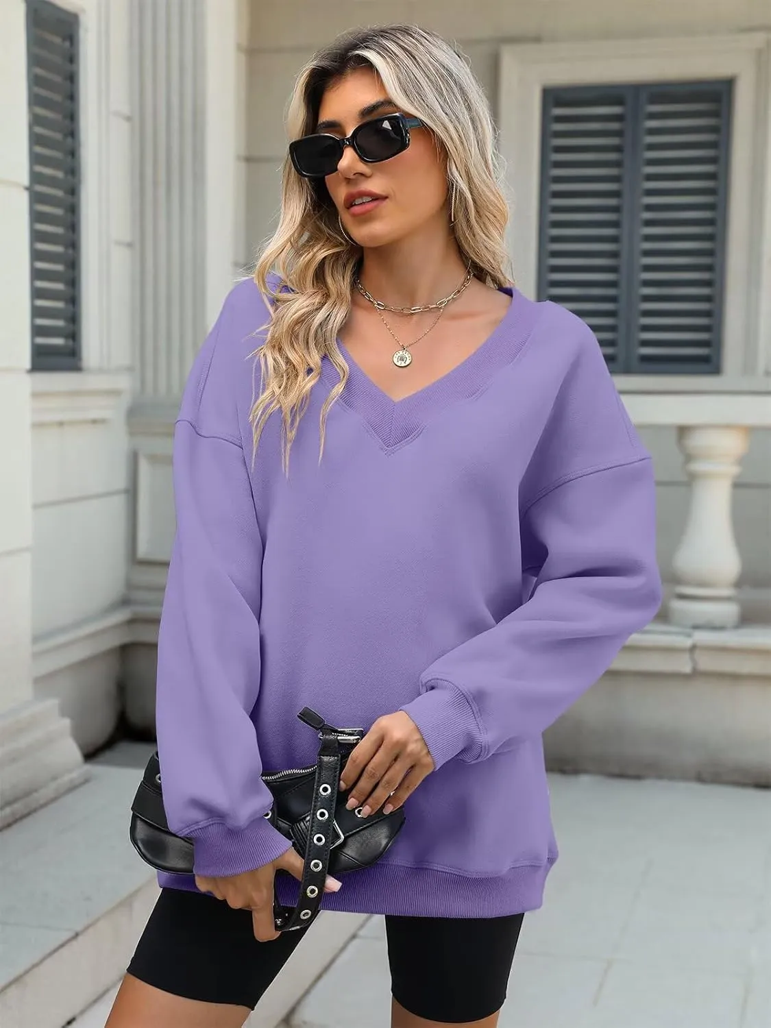 Womens Oversized V Neck Sweatshirts Casual Fleece Long Sleeve Pullover Fall Loose Fit Sweater Tops 2025