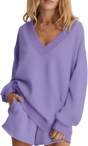 Womens Oversized V Neck Sweatshirts Casual Fleece Long Sleeve Pullover Fall Loose Fit Sweater Tops 2025