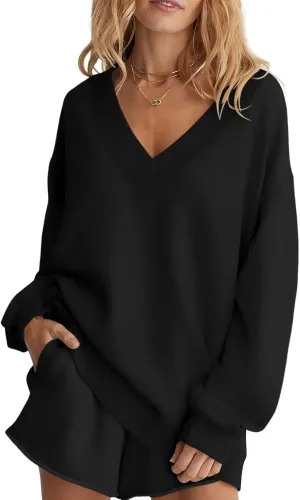 Womens Oversized V Neck Sweatshirts Casual Fleece Long Sleeve Pullover Fall Loose Fit Sweater Tops 2025