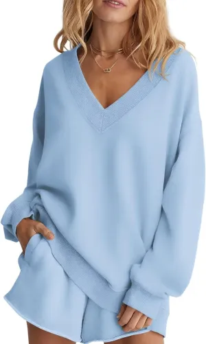 Womens Oversized V Neck Sweatshirts Casual Fleece Long Sleeve Pullover Fall Loose Fit Sweater Tops 2025