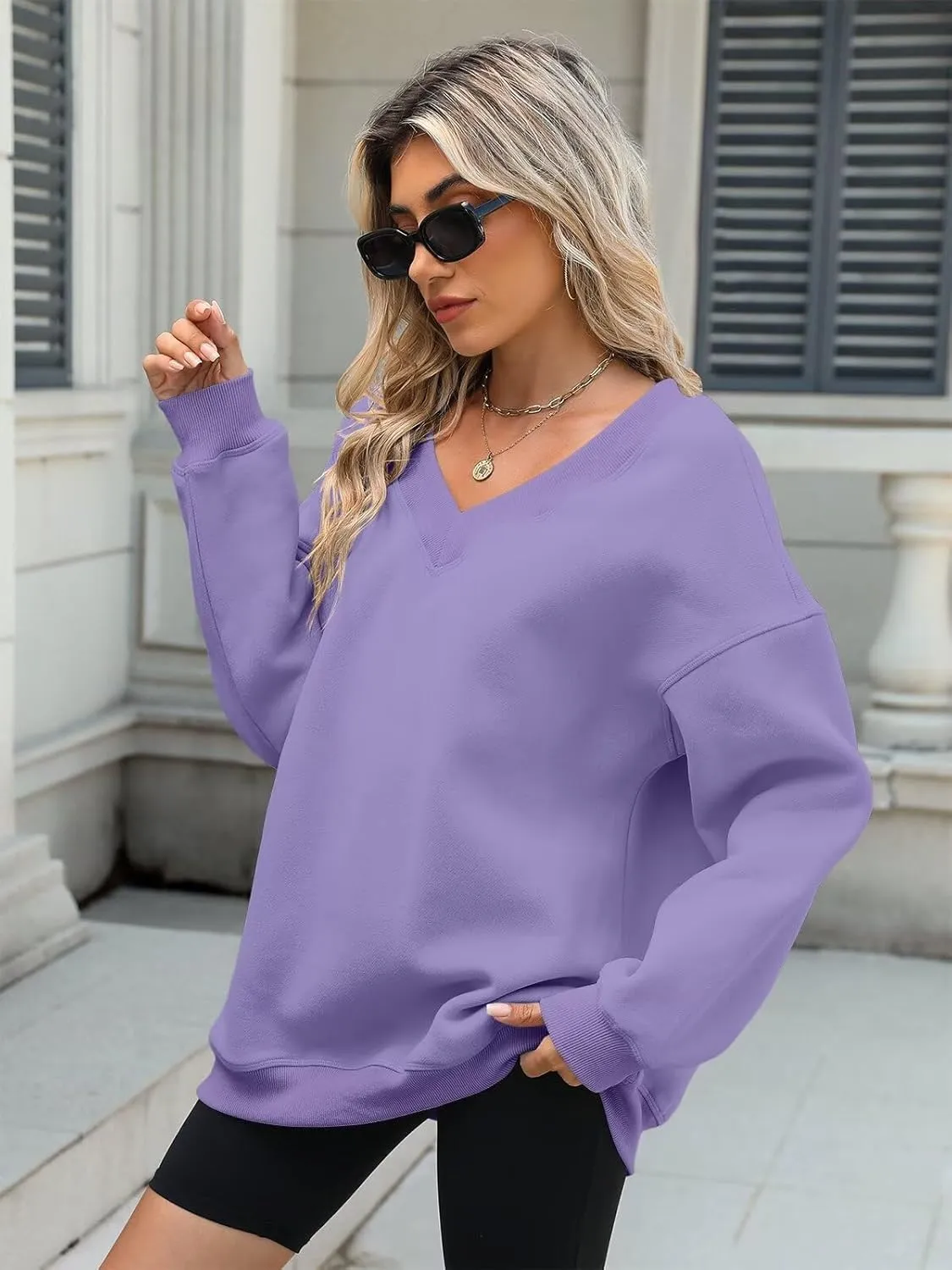 Womens Oversized V Neck Sweatshirts Casual Fleece Long Sleeve Pullover Fall Loose Fit Sweater Tops 2025