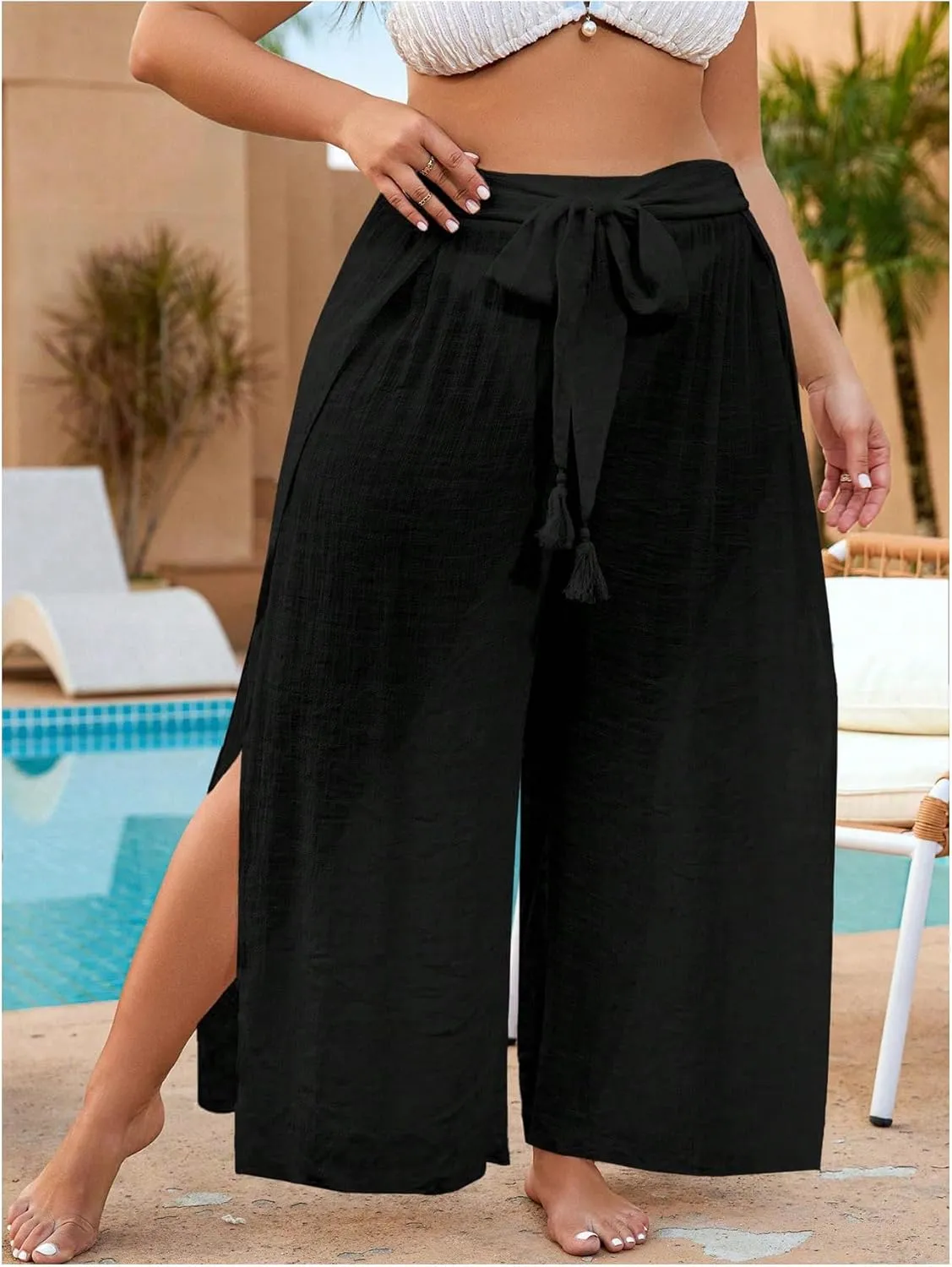 Women's Plus Cover Up Beach Pants Belted Tie Front Split Thigh Bathing Suit Beach Cover Up Pants