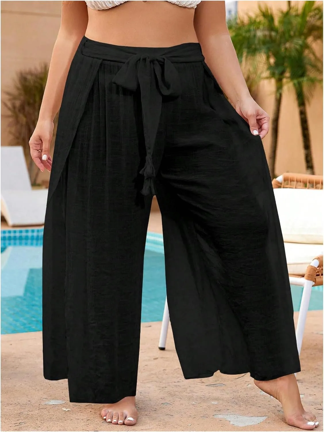 Women's Plus Cover Up Beach Pants Belted Tie Front Split Thigh Bathing Suit Beach Cover Up Pants