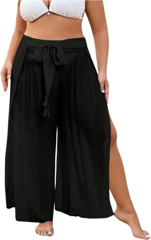 Women's Plus Cover Up Beach Pants Belted Tie Front Split Thigh Bathing Suit Beach Cover Up Pants