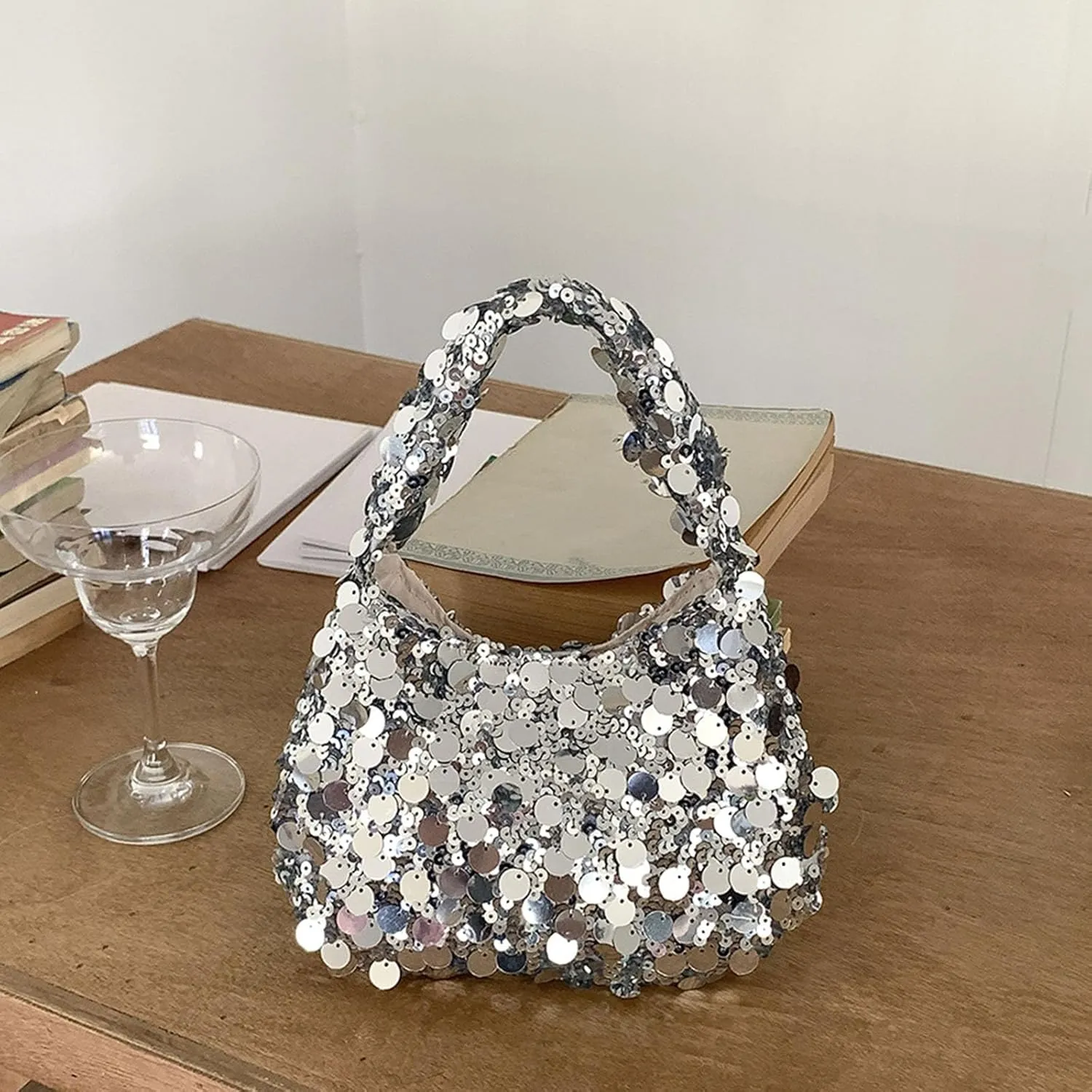 Women's Sequin Handbag Shoulder Bag Fashionable Hook and Loop Y2k Shiny Party Dating Hobo Phone Bag