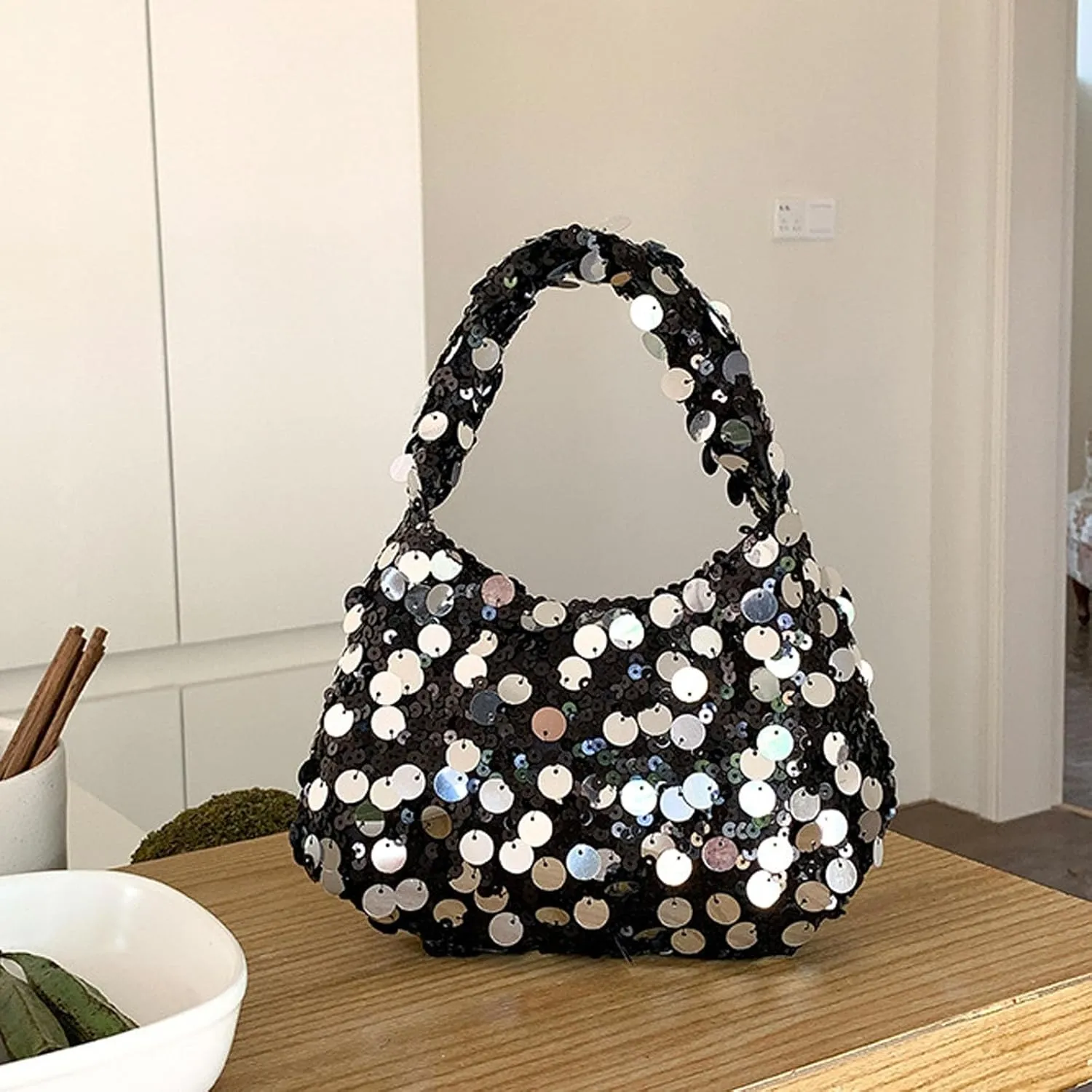 Women's Sequin Handbag Shoulder Bag Fashionable Hook and Loop Y2k Shiny Party Dating Hobo Phone Bag