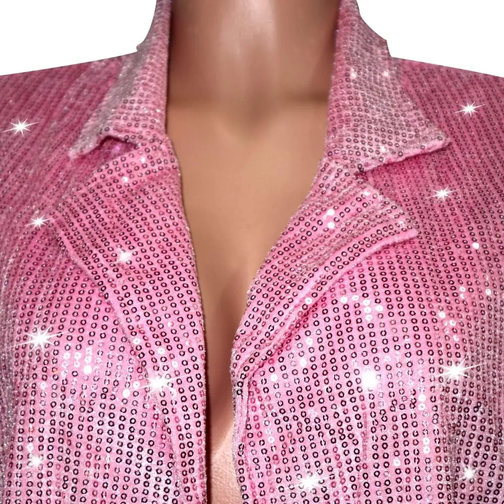 Women's Shiny Sequin Open Front Blazer Coat Lapel Long Sleeve Cardigan Jacket