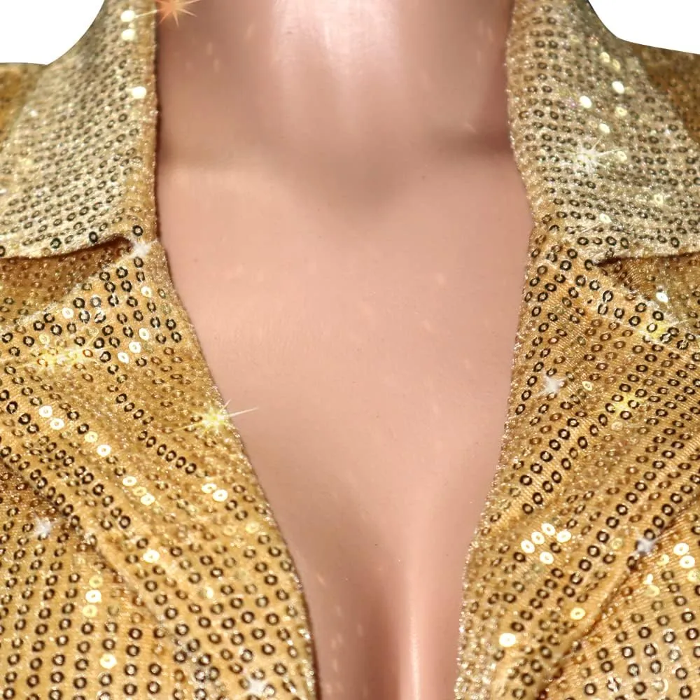 Women's Shiny Sequin Open Front Blazer Coat Lapel Long Sleeve Cardigan Jacket