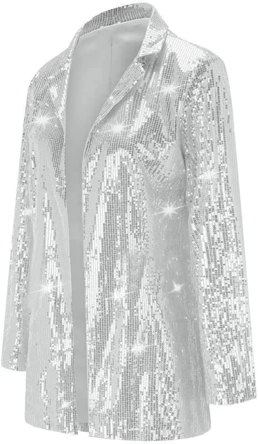 Women's Shiny Sequin Open Front Blazer Coat Lapel Long Sleeve Cardigan Jacket