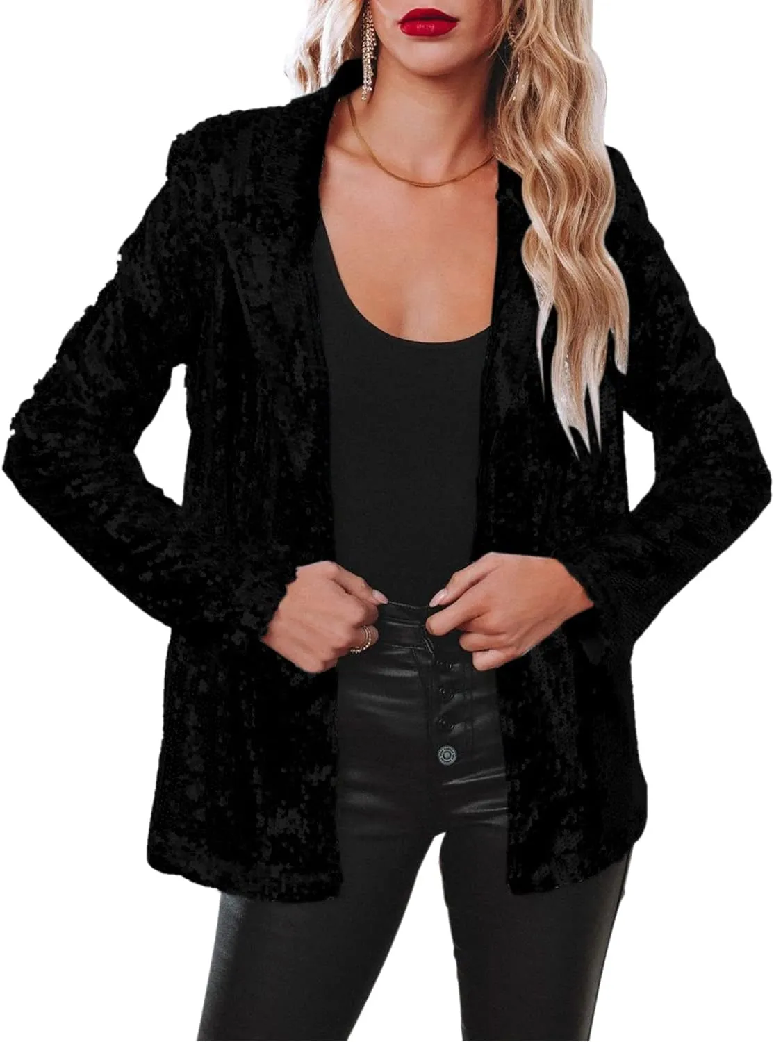 Women's Shiny Sequin Open Front Blazer Coat Lapel Long Sleeve Cardigan Jacket