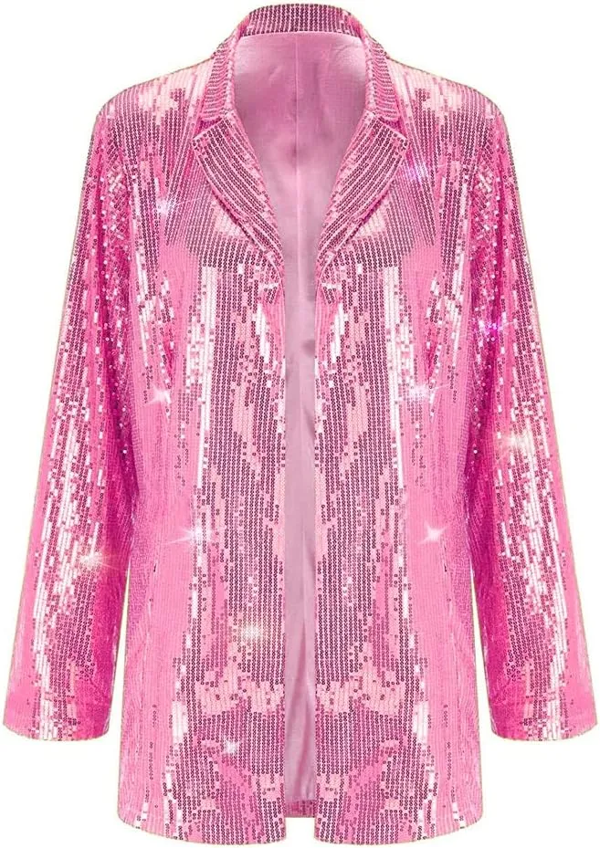 Women's Shiny Sequin Open Front Blazer Coat Lapel Long Sleeve Cardigan Jacket