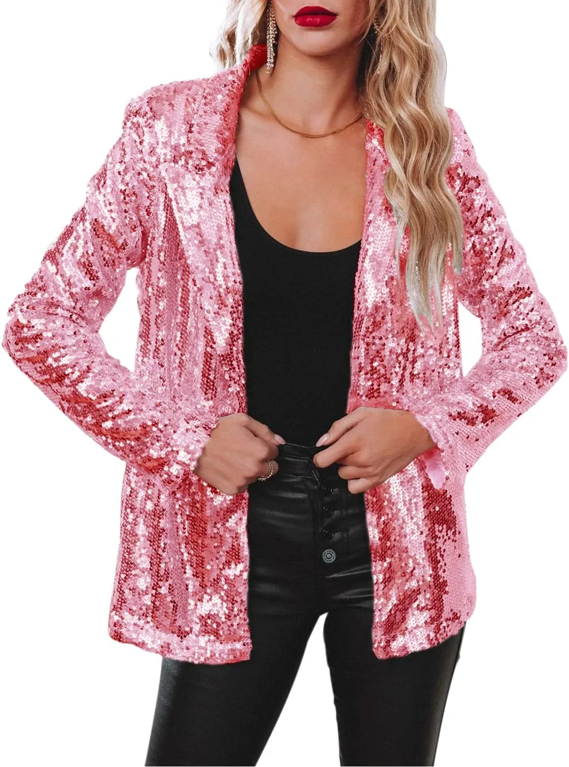 Women's Shiny Sequin Open Front Blazer Coat Lapel Long Sleeve Cardigan Jacket