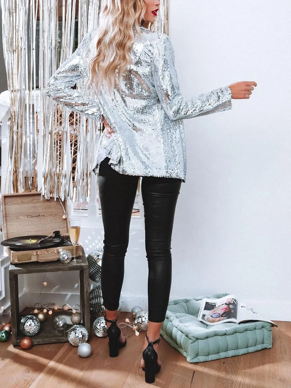 Women's Shiny Sequin Open Front Blazer Coat Lapel Long Sleeve Cardigan Jacket