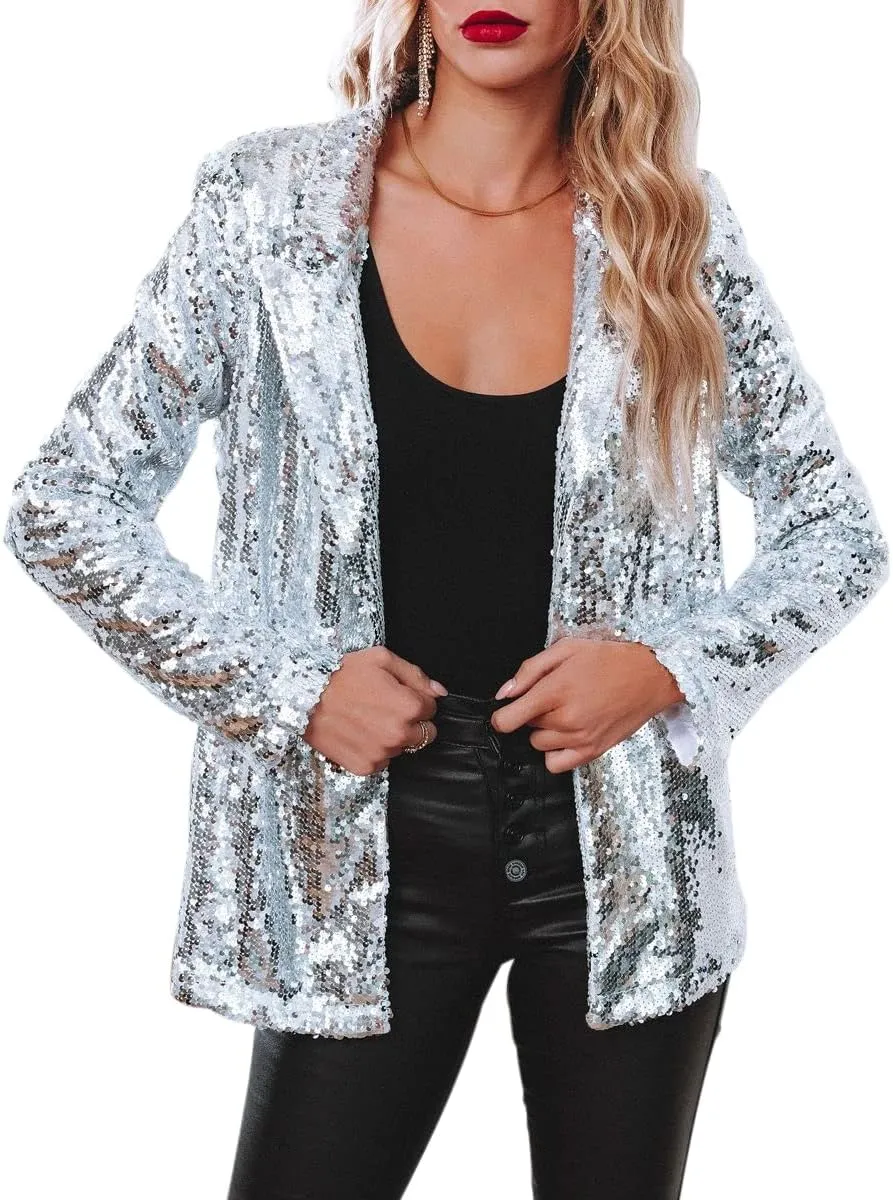 Women's Shiny Sequin Open Front Blazer Coat Lapel Long Sleeve Cardigan Jacket
