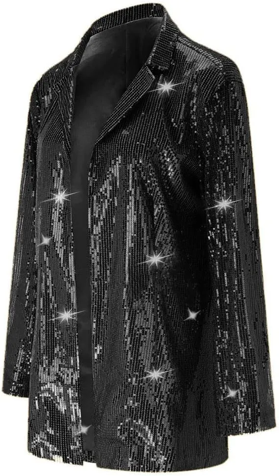 Women's Shiny Sequin Open Front Blazer Coat Lapel Long Sleeve Cardigan Jacket