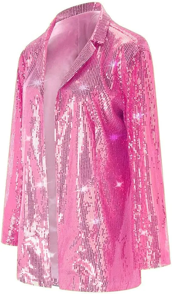 Women's Shiny Sequin Open Front Blazer Coat Lapel Long Sleeve Cardigan Jacket
