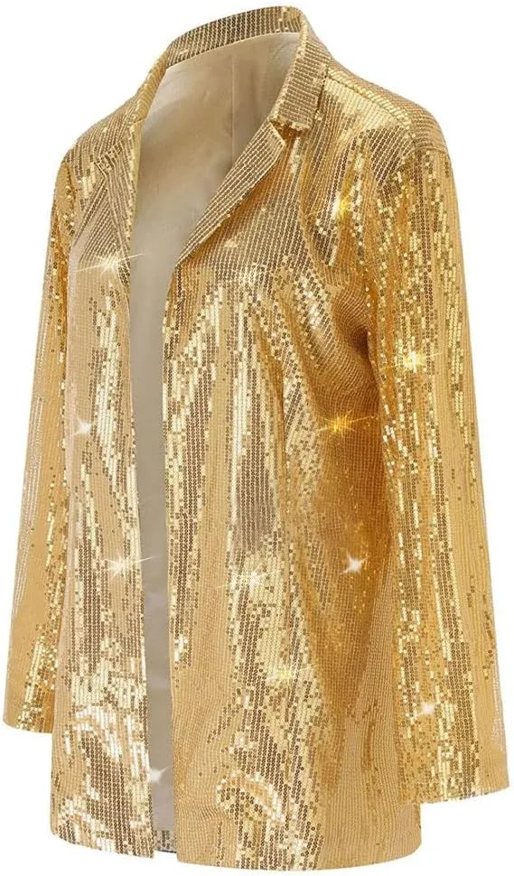 Women's Shiny Sequin Open Front Blazer Coat Lapel Long Sleeve Cardigan Jacket