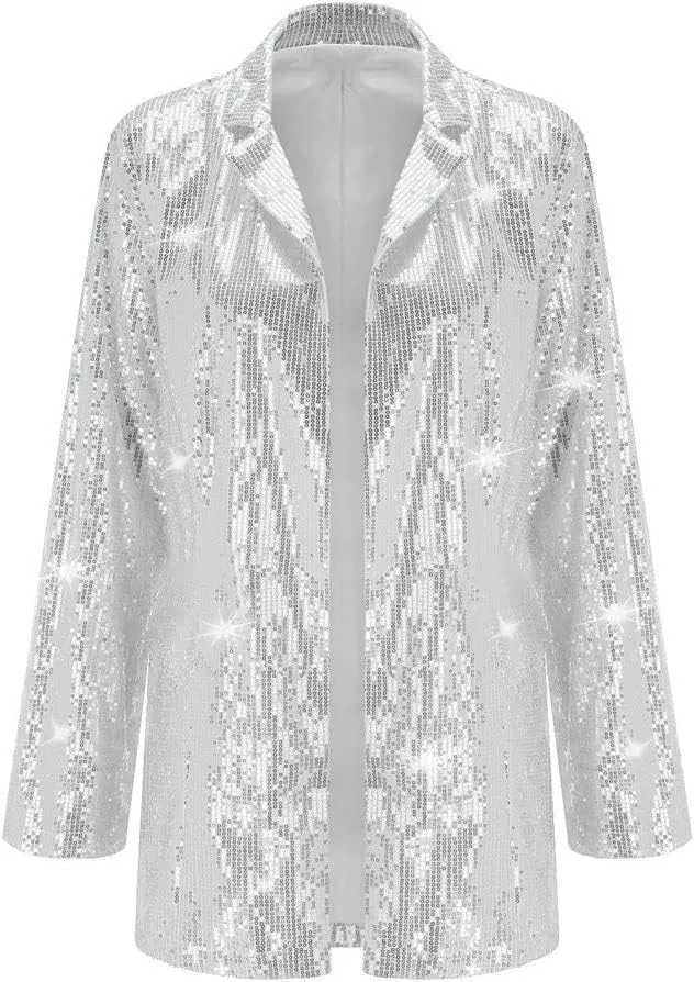 Women's Shiny Sequin Open Front Blazer Coat Lapel Long Sleeve Cardigan Jacket