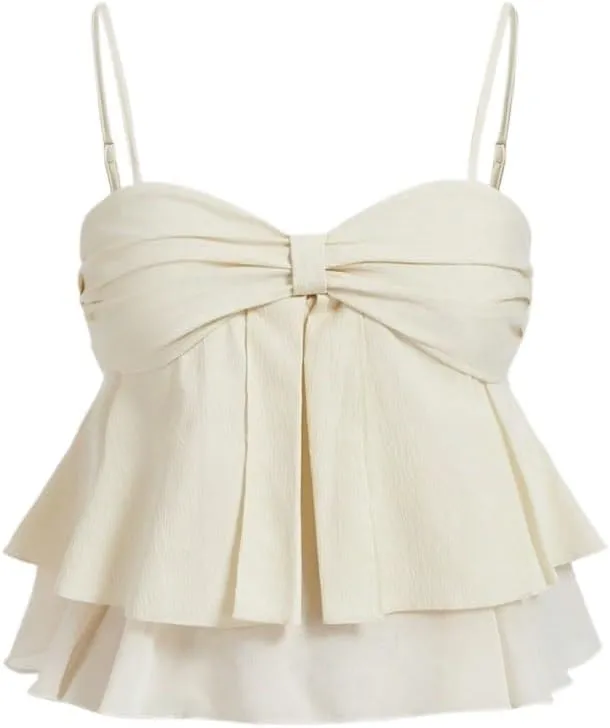 Womens Sleeveless Camisole Tank Tops Blouse Spaghetti Strap Pleated Ruffle Trim Camisole Top