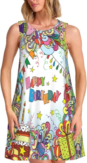 Womens Sleeveless Dress A-Line Flare Tank Dress Loose Sun Dresses Summer Flowy Swing Sundress Round Neck Outfit