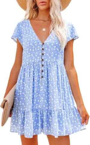 Women's Smocked V Neck Button Dress Summer Casual Loose Swing Flowy Ruffle Hem Beach Mini Dresses