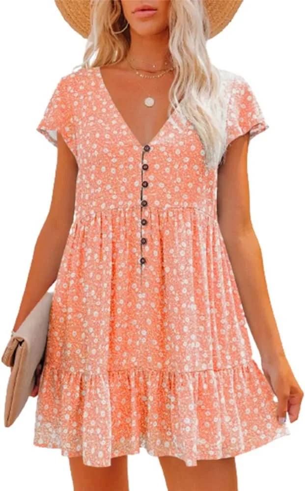 Women's Smocked V Neck Button Dress Summer Casual Loose Swing Flowy Ruffle Hem Beach Mini Dresses