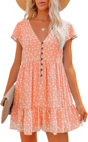 Women's Smocked V Neck Button Dress Summer Casual Loose Swing Flowy Ruffle Hem Beach Mini Dresses