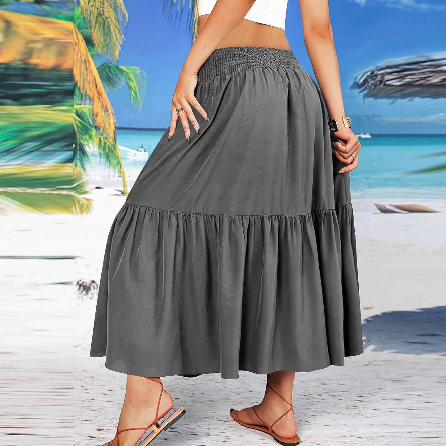 Womens Summer Boho Flowy Swing Tiered A-Line Maxi Skirt 2025 Fashion Trendy Elastic Waist Pleated Long Beach Dress