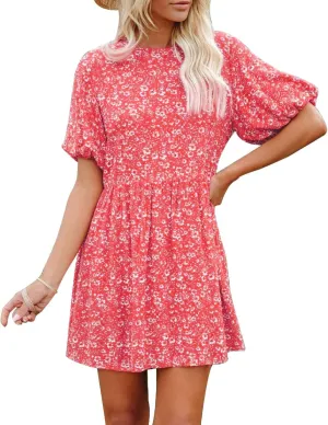 Women's Summer Floral Print Ruffle Mini Dress Lantern Sleeve High Waist Casual A Line Swing Crewneck Beach Dress