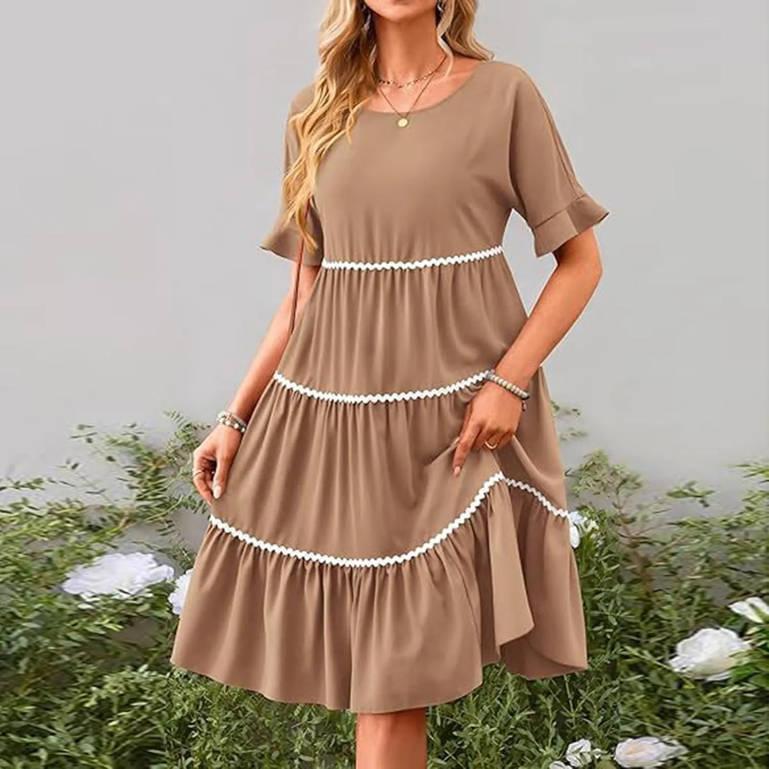 Women's Summer Flutter Short Sleeve Midi Dress Casual Crewneck Flowy Tiered Beach Vacation Fashionable Dresses