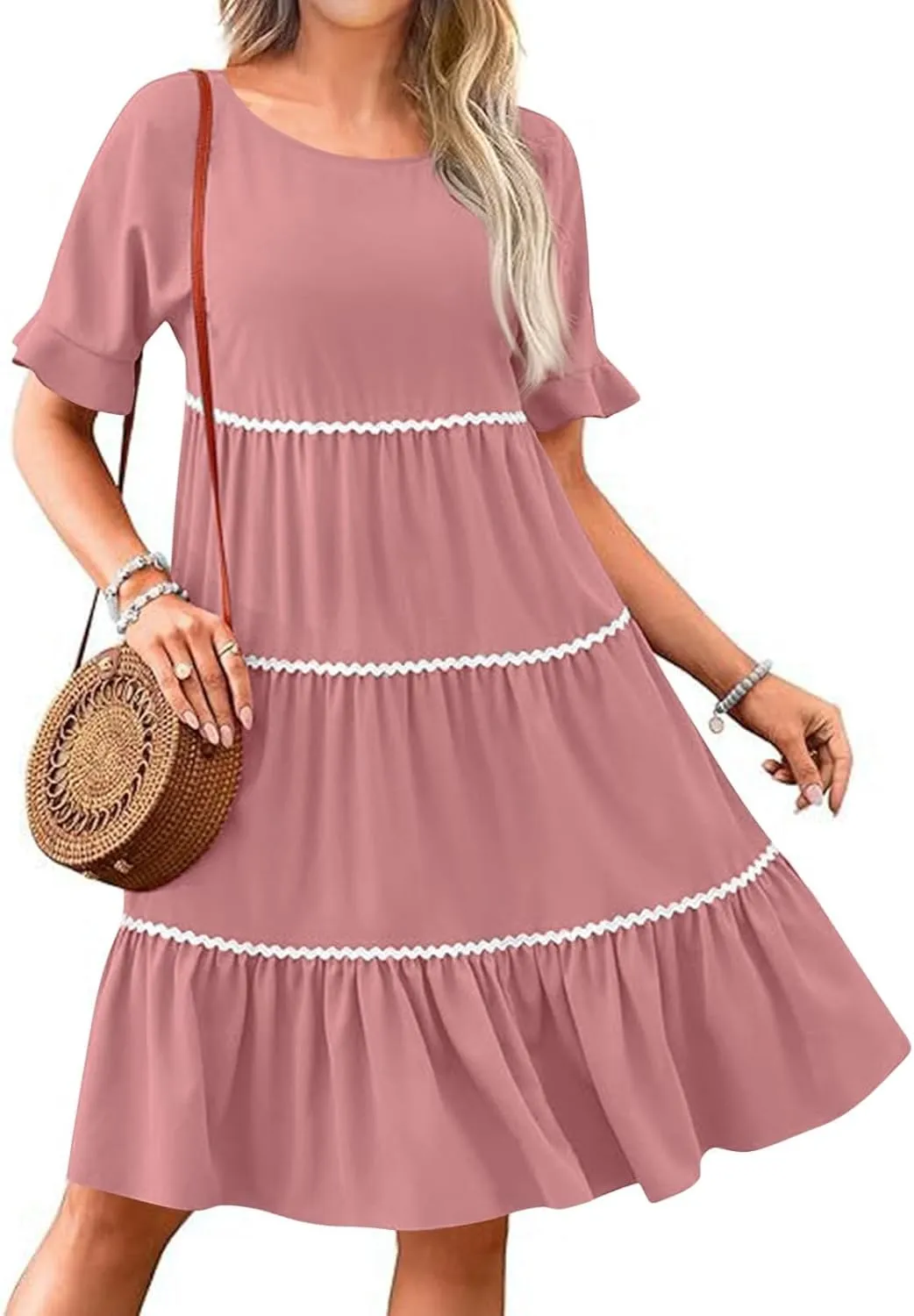 Women's Summer Flutter Short Sleeve Midi Dress Casual Crewneck Flowy Tiered Beach Vacation Fashionable Dresses
