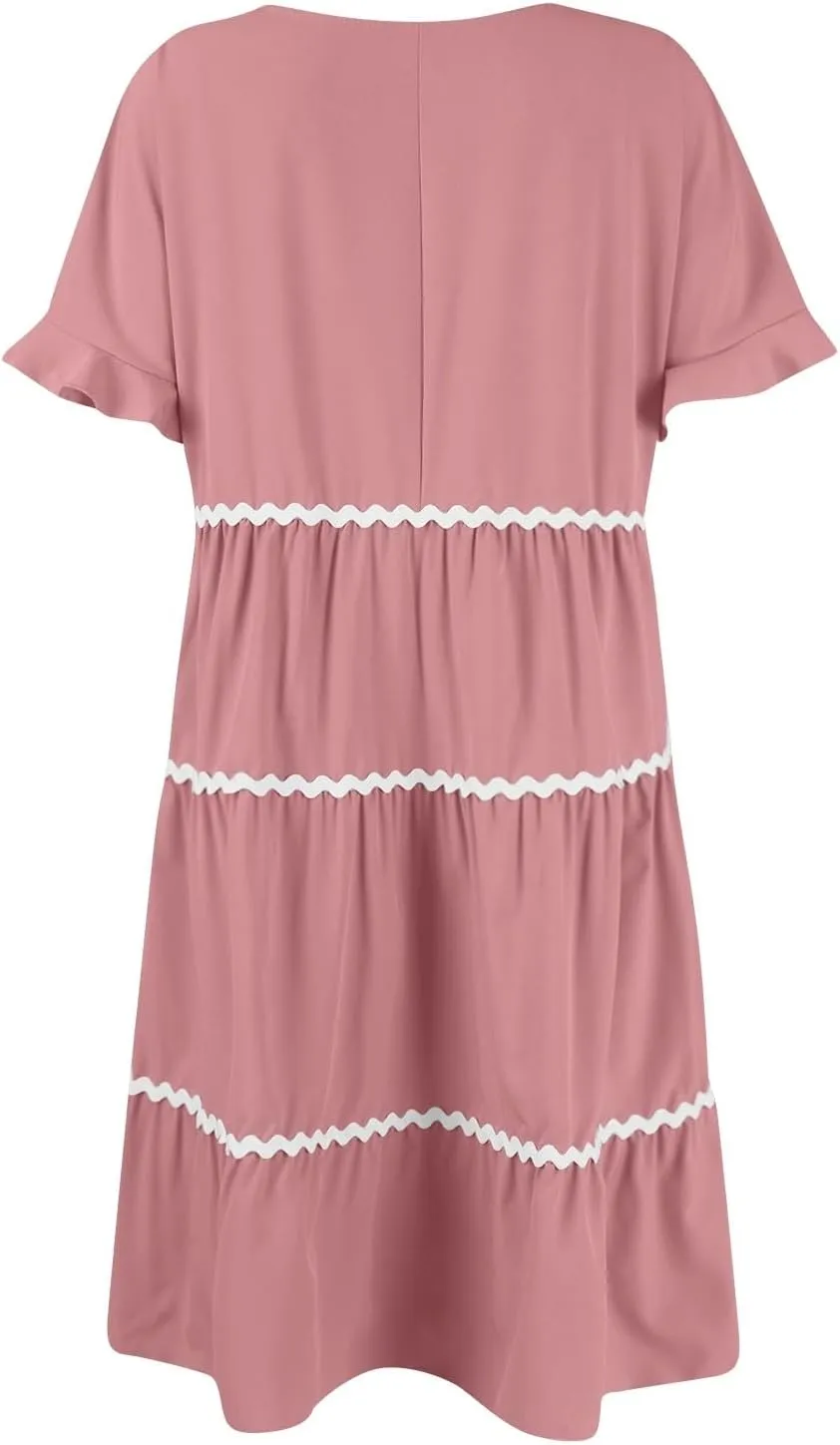 Women's Summer Flutter Short Sleeve Midi Dress Casual Crewneck Flowy Tiered Beach Vacation Fashionable Dresses