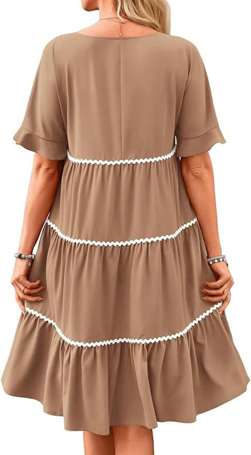 Women's Summer Flutter Short Sleeve Midi Dress Casual Crewneck Flowy Tiered Beach Vacation Fashionable Dresses