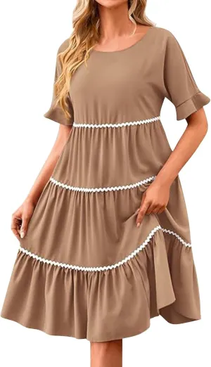 Women's Summer Flutter Short Sleeve Midi Dress Casual Crewneck Flowy Tiered Beach Vacation Fashionable Dresses