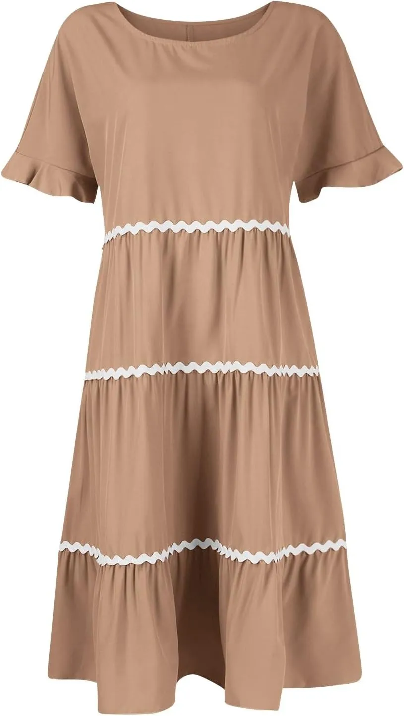 Women's Summer Flutter Short Sleeve Midi Dress Casual Crewneck Flowy Tiered Beach Vacation Fashionable Dresses