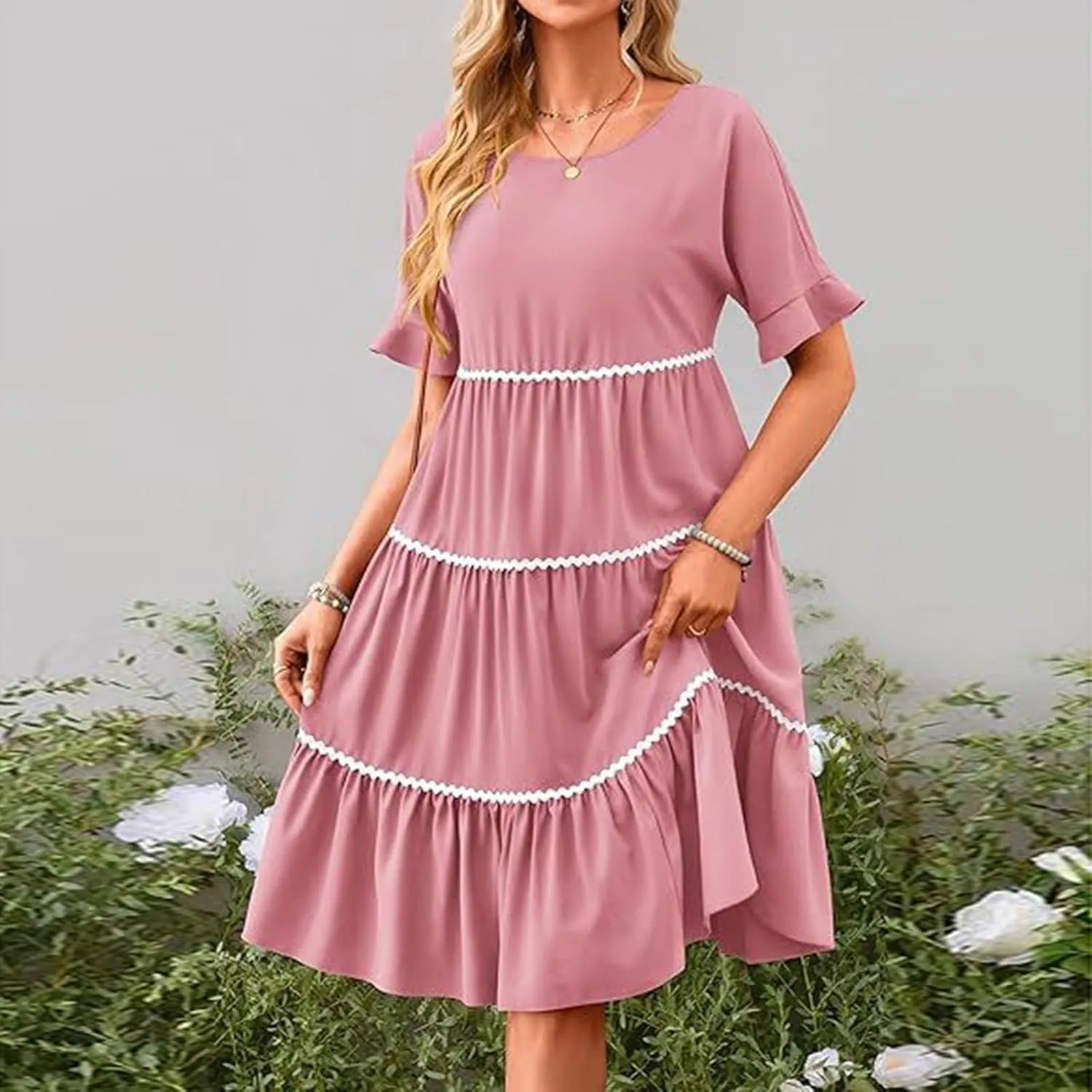 Women's Summer Flutter Short Sleeve Midi Dress Casual Crewneck Flowy Tiered Beach Vacation Fashionable Dresses
