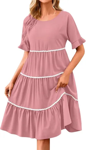 Women's Summer Flutter Short Sleeve Midi Dress Casual Crewneck Flowy Tiered Beach Vacation Fashionable Dresses