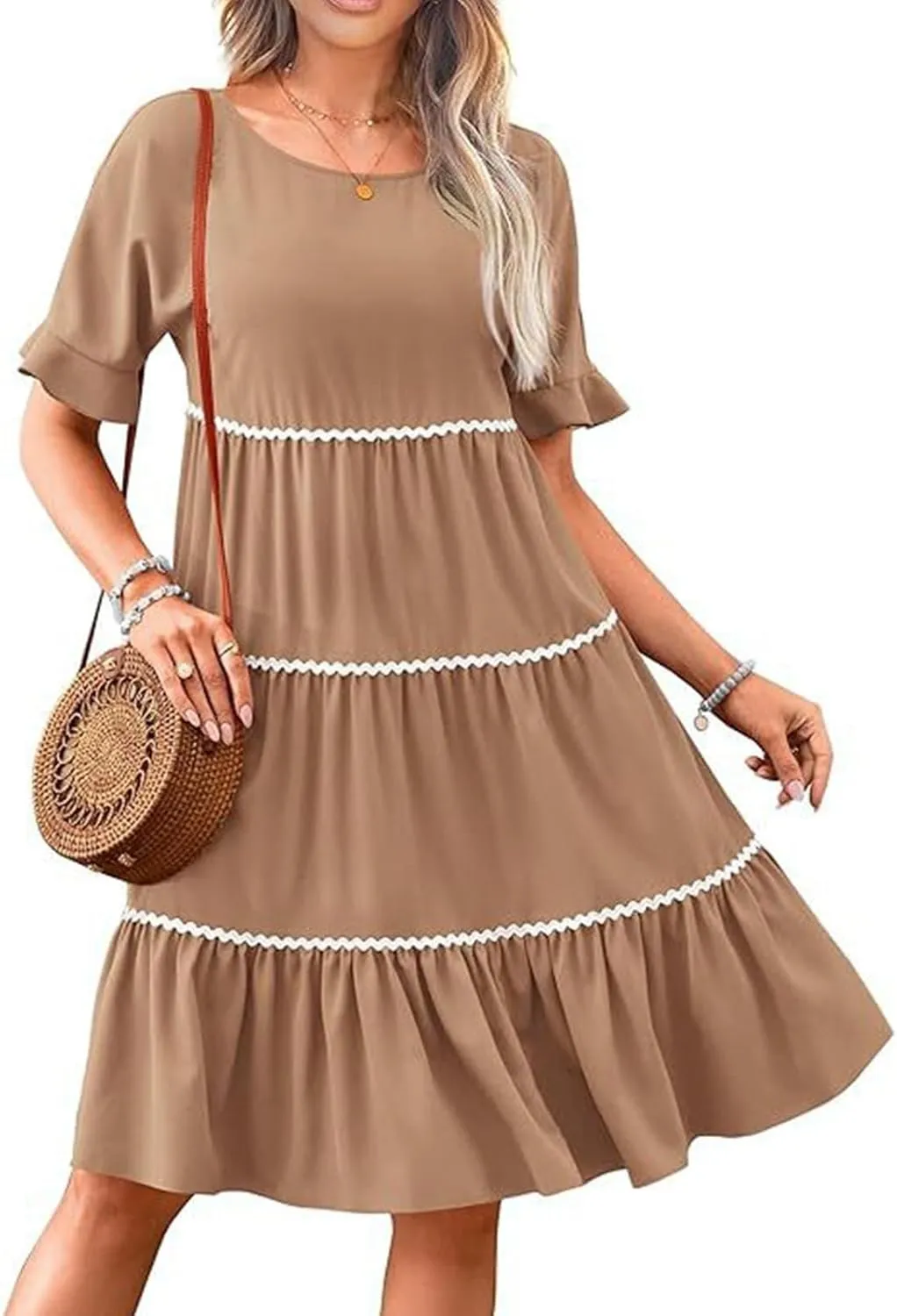 Women's Summer Flutter Short Sleeve Midi Dress Casual Crewneck Flowy Tiered Beach Vacation Fashionable Dresses