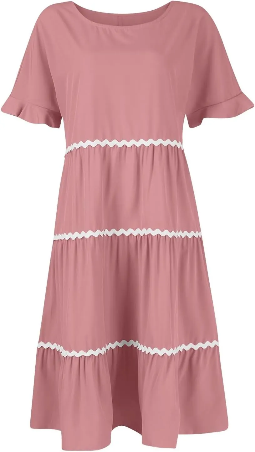 Women's Summer Flutter Short Sleeve Midi Dress Casual Crewneck Flowy Tiered Beach Vacation Fashionable Dresses