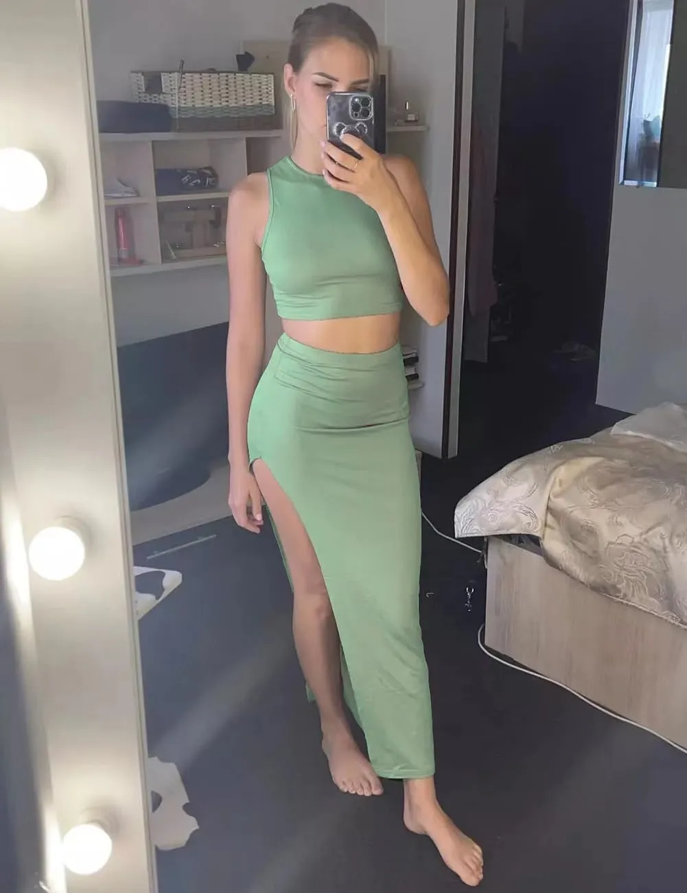 Women's Summer Two Piece Dress Set, Long Skirt with Crop Tank Top