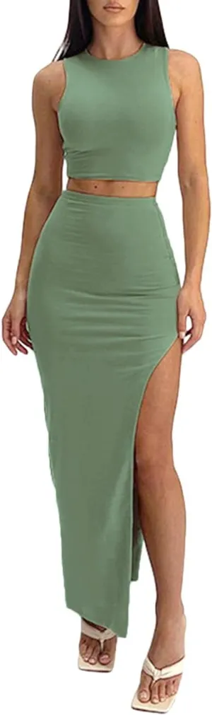 Women's Summer Two Piece Dress Set, Long Skirt with Crop Tank Top