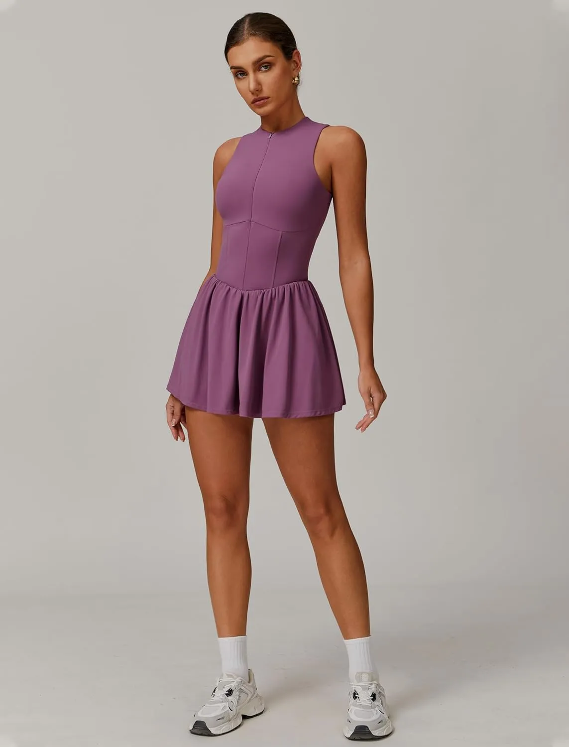 Womens Tennis Golf Dress with Built-in Bra Shorts Zipper Slim Fit A-line Hem Skirt Athletic Dresses with Pockets