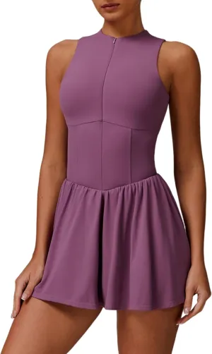 Womens Tennis Golf Dress with Built-in Bra Shorts Zipper Slim Fit A-line Hem Skirt Athletic Dresses with Pockets