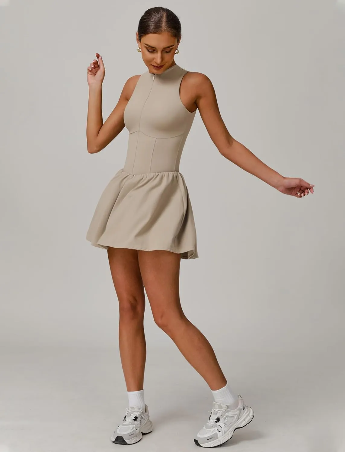 Womens Tennis Golf Dress with Built-in Bra Shorts Zipper Slim Fit A-line Hem Skirt Athletic Dresses with Pockets