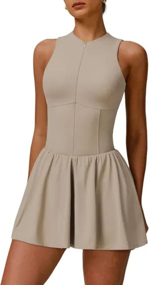Womens Tennis Golf Dress with Built-in Bra Shorts Zipper Slim Fit A-line Hem Skirt Athletic Dresses with Pockets